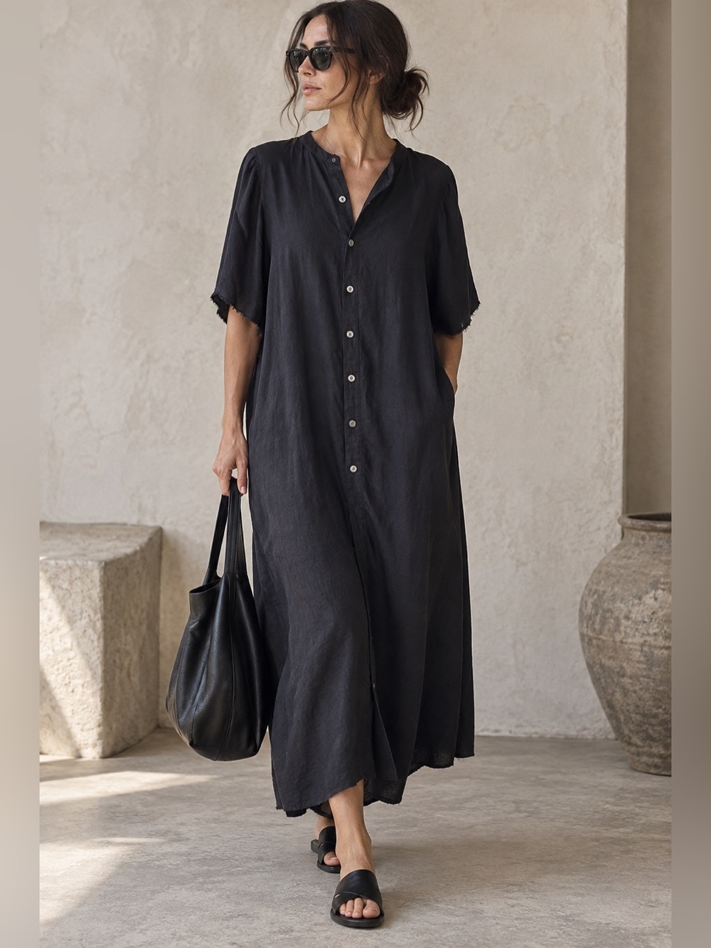 Nest Robe Japan 100% Linen Lagenlook Maxi Shirt Dress Charcoal Raw Edge Size F